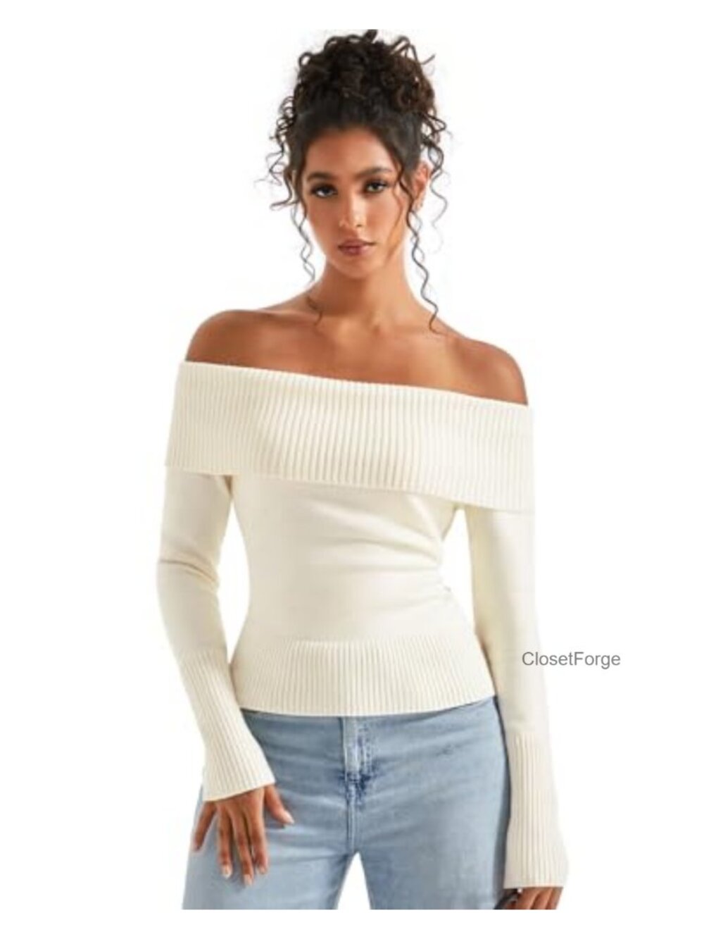 Off Shoulder Ribbed Knit Sweater Long Sleeve Pullover Modal